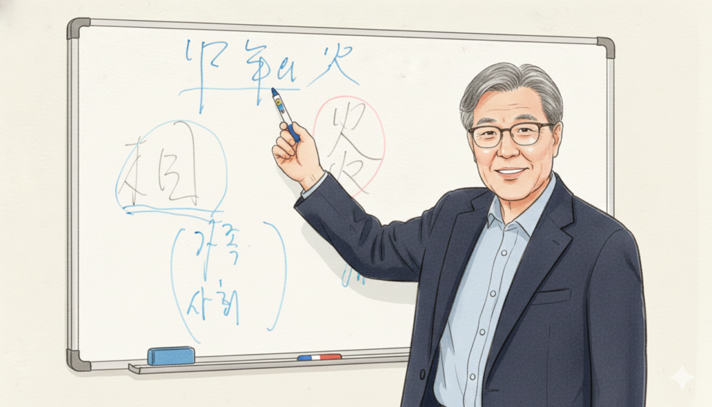화이트보드 앞에서 가르치는 원장 그림